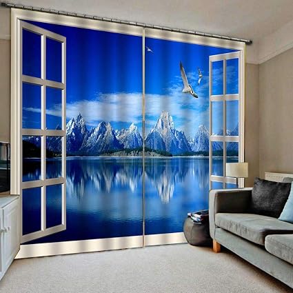 Bsdsasd Blauwe Gordijnen Sneeuw Berg Lake Gordijn 3d Gordijn Verduisterende Venster Gordijn Woonkamer Amazon Nl