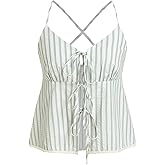 CIDER Womens Tie Front Tops Cotton Blend Going Out Striped Sleeveless V Neck Vacation Beach Tank Tops