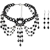 Missgrace Boho Punk Black Tassels Crystal Choker Necklaces Earrings Set Gothic Accessories Halloween Gothic Punk Black Crystal Necklace Earrings Set for Women