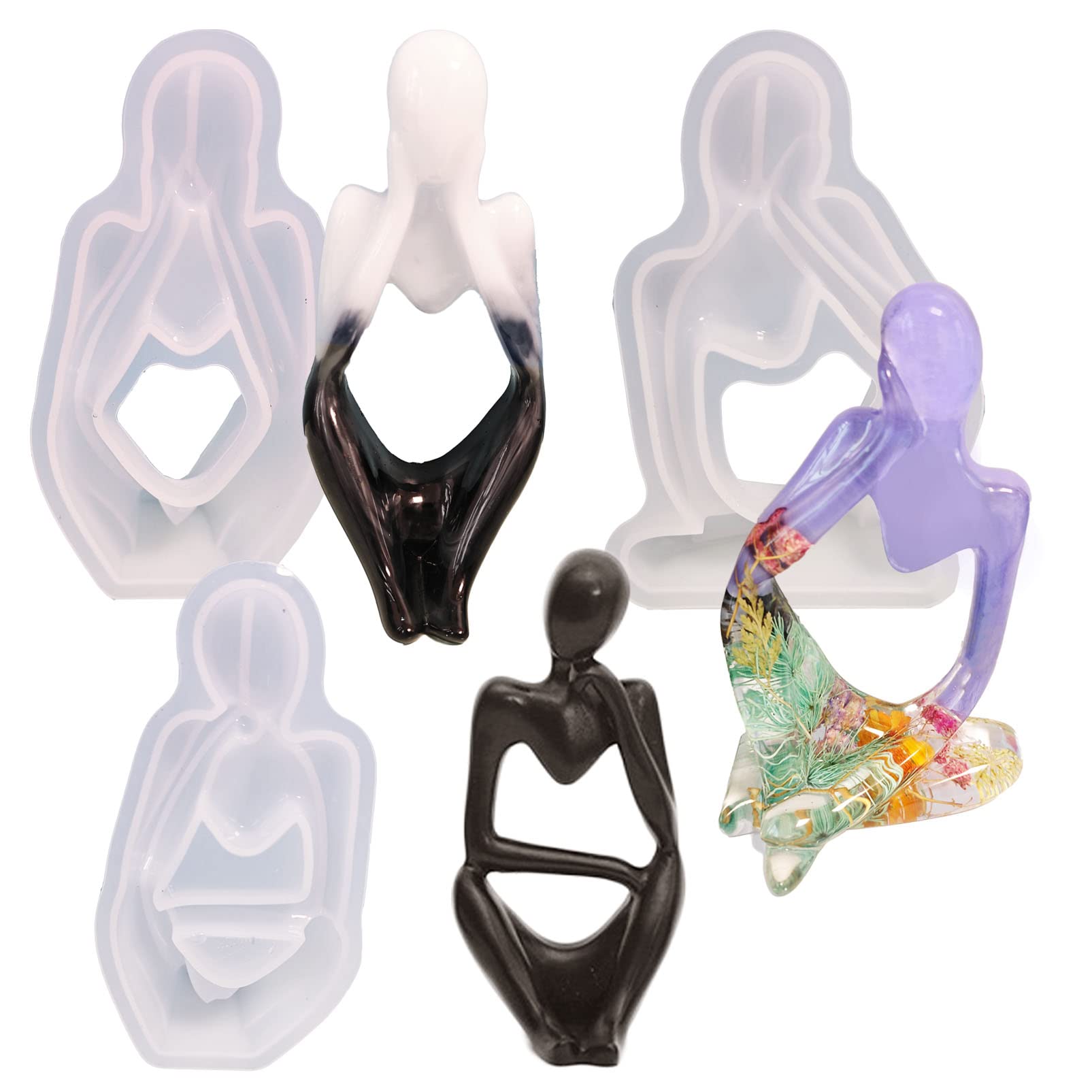 3 Pcs Thinker Statue Silicone Resin Mold Abstract Sculptures Figurines Decoration Office Desk Articles Ornaments Epoxy Silicone Casting Molds for Gifts, 3D DIY Making Home Display Crafts