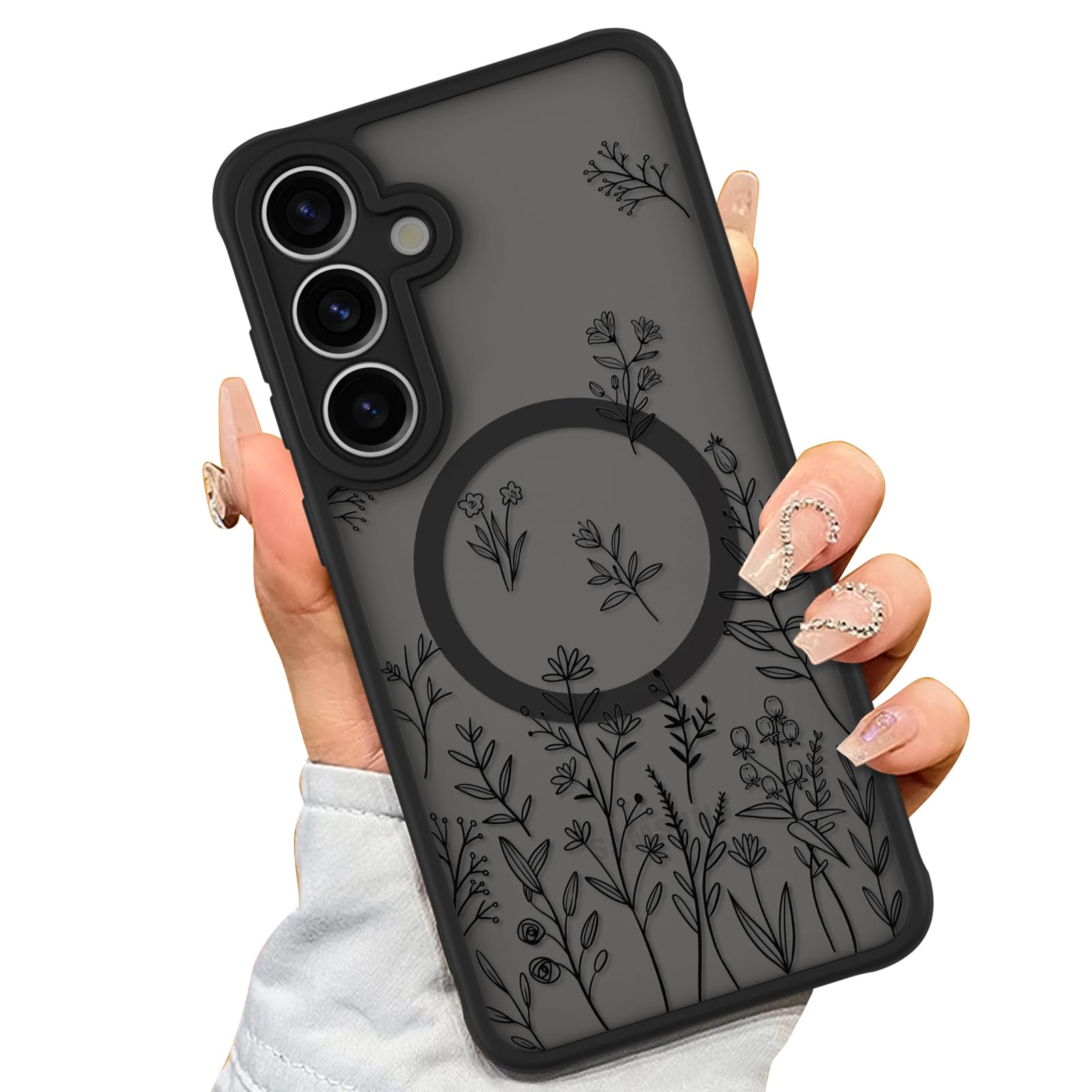 AIGOMARA Magnetic Case for Samsung Galaxy S25 Plus [Compatible with MagSafe] Cute Black Flower Floral Case for Women Girls Soft TPU Bumper Hard PC Back Anti-Fall Shockproof Protective Slim Cover