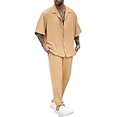 LecGee Men Summer Casual Short Sleeve Pant Sets Solid Button Down Shirt Elastic Pants 2 Piece Outfits Beach Tracksuit