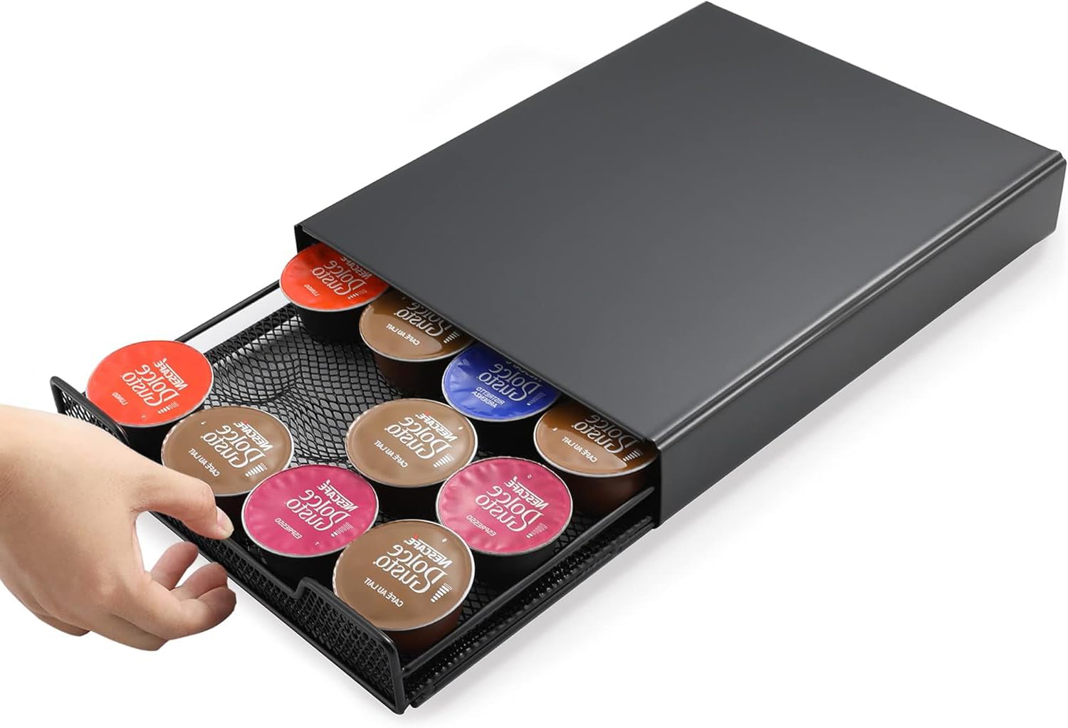 Wrobic Coffee Capsule Holder for Nespresso originalline, Vertuo, Dolce Gusto, Capsule Storage Drawer Organizer with Anti-Vibration Design, Small Metal Coffee Capsule Dispenser, Black (20 pods)