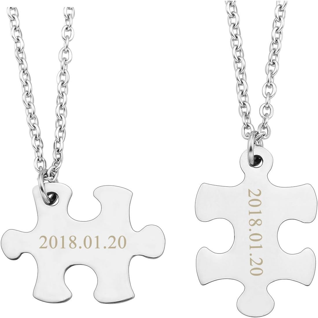 Personalized Master Free Engraving Custom 2pcs Stainless Steel Jigsaw Puzzle Heart Matching Pendant Couple Keychain/Necklace Set, Key Ring For His and Hers Lovers Valentine's Best Friend Gift