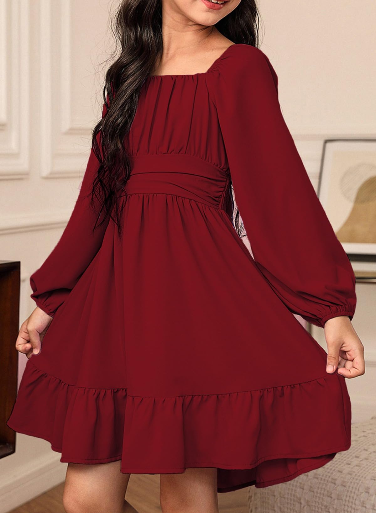 blibean Girls Long Sleeve Tie Back Dress Tween Fall Off Shoulder Dress Size 6-15 Years