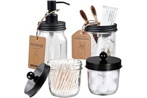 Amolliar Mason Jar Bathroom Accessories Set(4 Pcs) -Lotion Soap Dispenser &Cotton Swab Holder &Toothbrush Holder-Rustic Farmhouse Decor Apothecary Jars Vanity Organizer-Rustic Farmhouse Decor (Black)