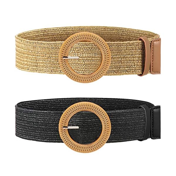 Cinturón elástico trenzado de paja con hebilla de estilo madera para mujer, 2 unidades | DeHippies.com