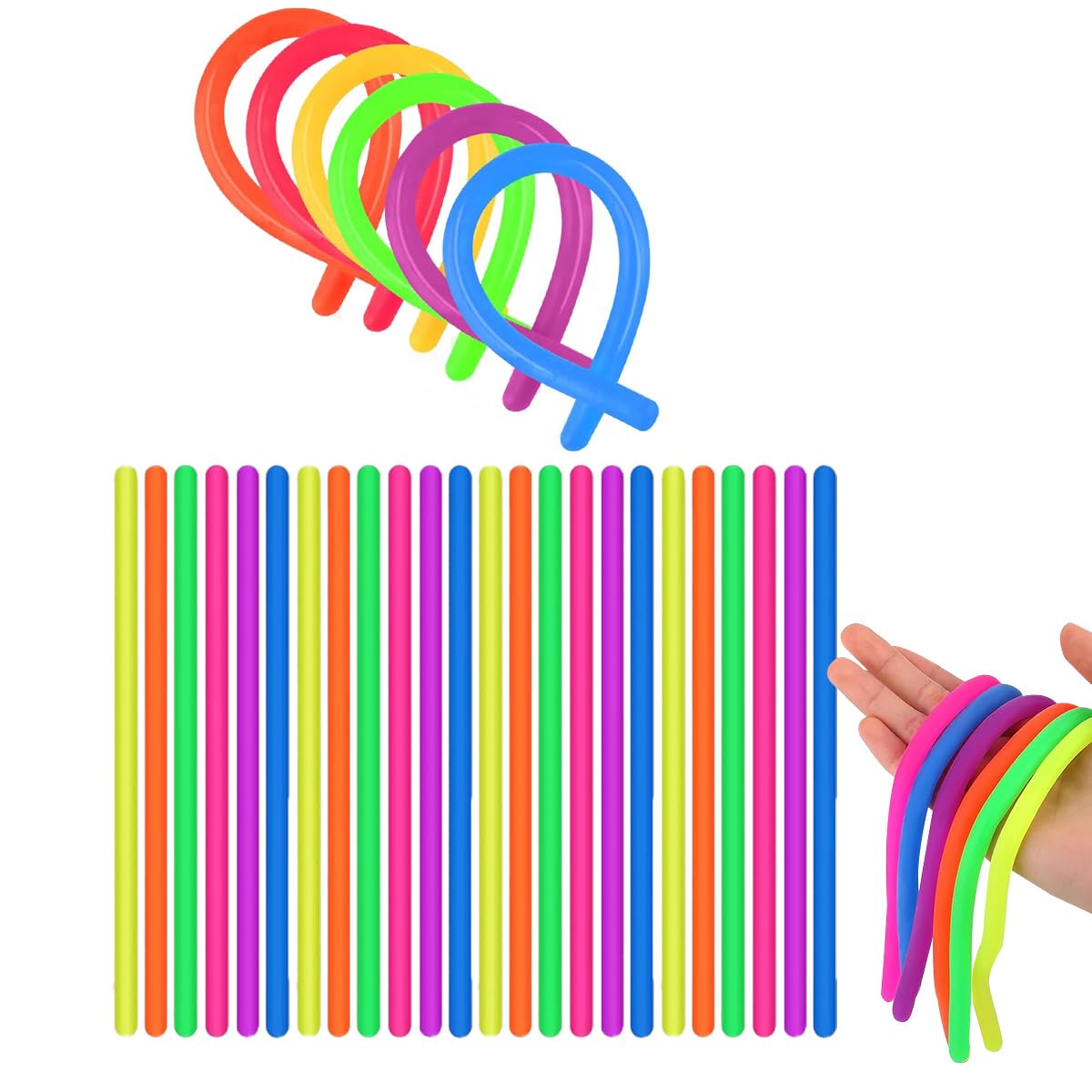24 Pcs Monkey Noodles Fidget Toy,Stretchy Fidget Noodles Anxiety Relief Sensory,Strings Adhd Assorted,Diy Fantasy Stress Hands,Reducing Noodle Pinching,Bands Bulk Stretch For Anxiety
