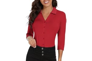 Soneven Womens Golf Polo Shirts 3/4 Long Sleeve V Neck Button Down Shirts Business Causal Work Blouses Tops