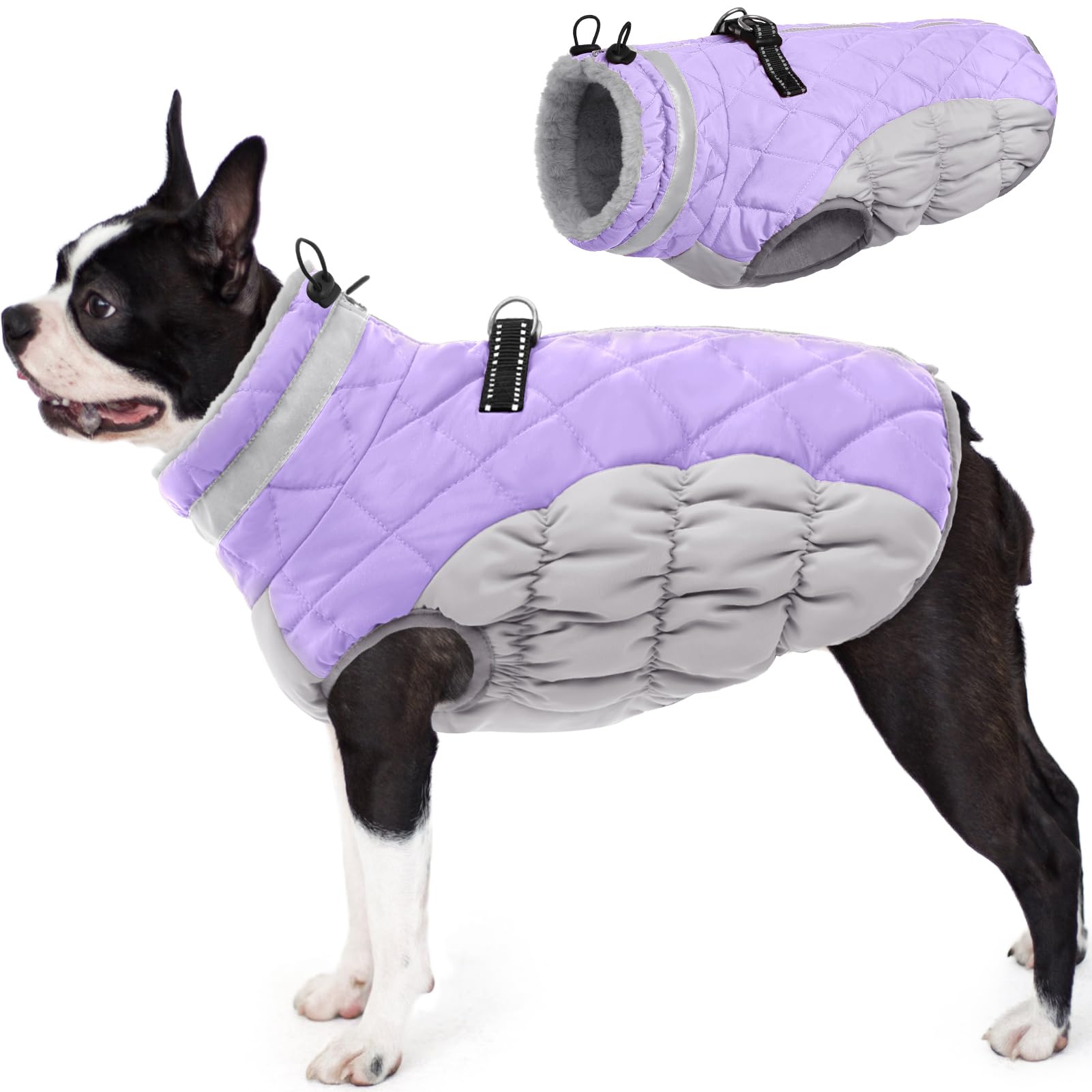AOFITEE Dog Coat, Warm Dog Jacket, Reflective Winter Coats for Medium Dogs, Turtleneck Dogs Winter Jacket with Harness Built in, Waterproof Windproof Pet Fleece Vest Puffer Jacket, Lilac M Image