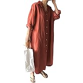 GGUHHU Womens Chic Button Down Rolled-Up Sleeve Long Cotton Blouse Maxi Dress (Large, Rust Red)