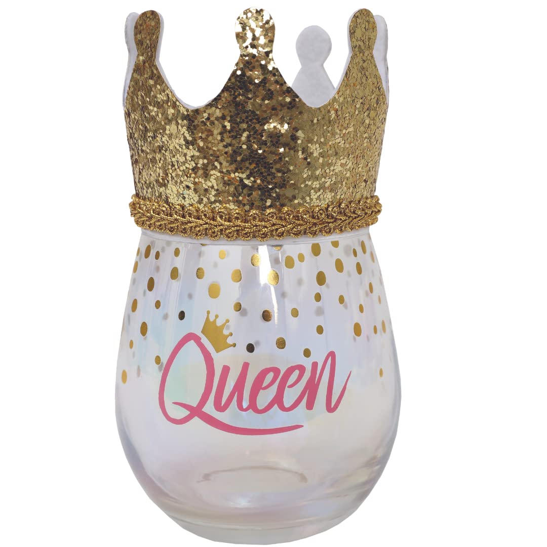 Splosh Queen Celebration Wine Glass, Stemless Personalised Wine Glasses With Wearable Novelty Party Hat - Unique Novelty Gift With Wearable Crown - Birthday Gifts For Women - 16oz