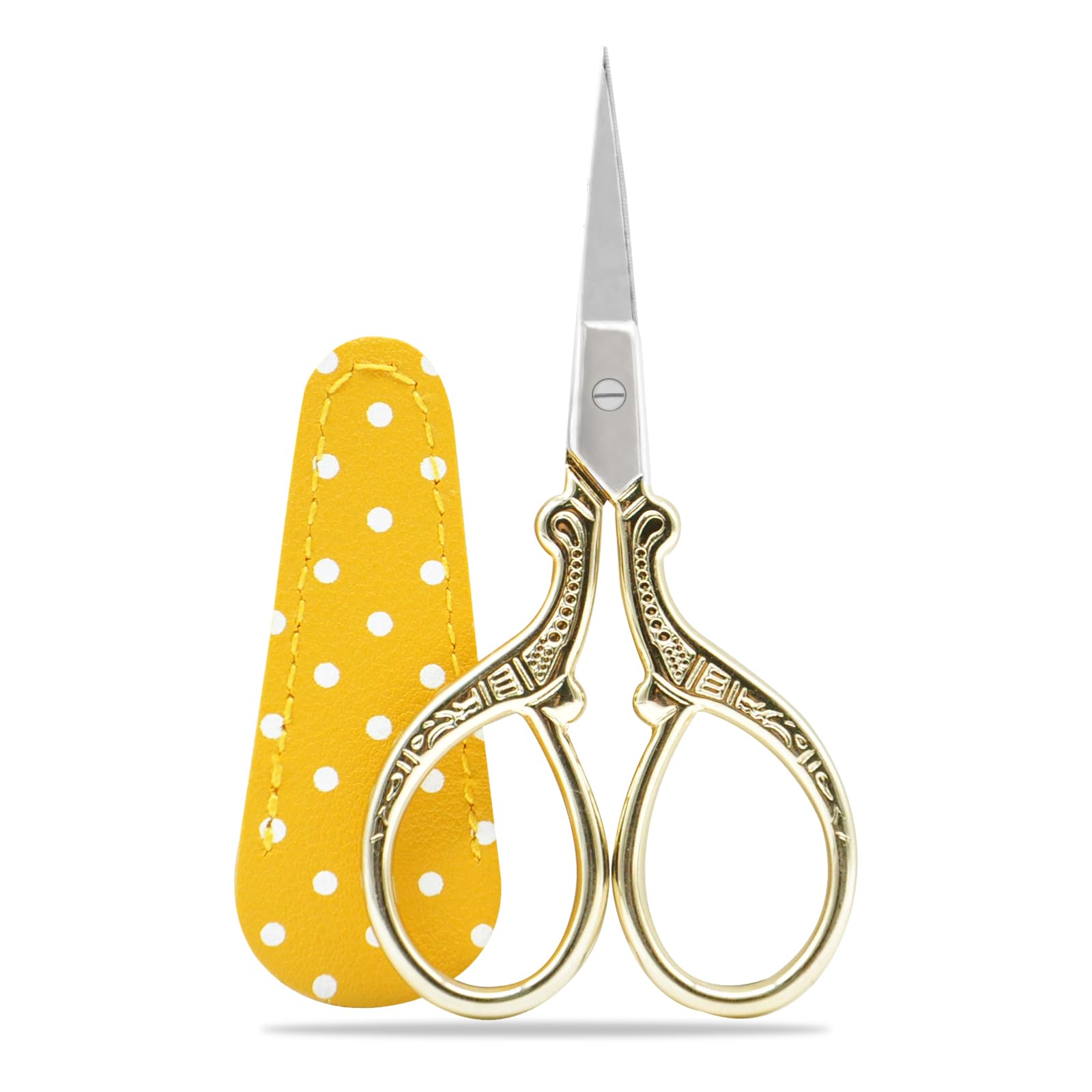Embroidery Scissors, Small Craft Stainless Steel Scissors for Sewing Threading Needlework Handicraft Trimming 1pcs with Fake Leather Scissors Cover - Gold
