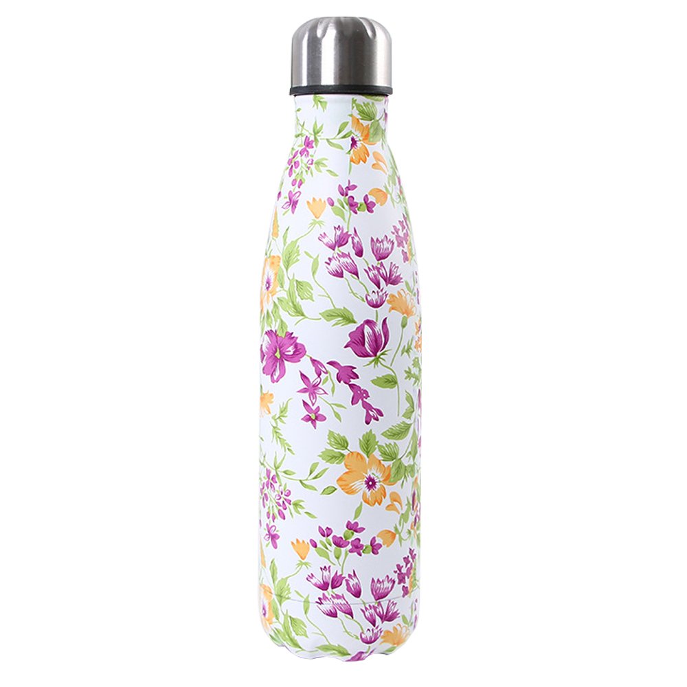 Double Walled Stainless Steel Vacuum Water Bottle, Y Chen Portable Travel Sports Leak-Proof No Sweat Cola Shape Bottle Keep You Drink Cold & Hot,17oz(500ml)Purple Flower