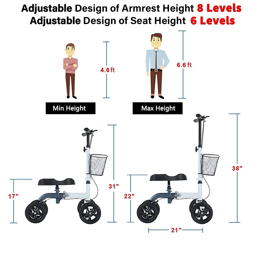 RINKMO Knee Scooter,All-Terrain Foldable KneeWalker Economical Leg Scooters for Foot Injuries Best Crutches Alternative (White+Blue)