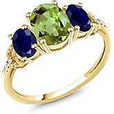 Gem Stone King 10K Yellow Gold Green Peridot Blue Sapphire and Diamond Accent Engagement Ring | 2.56 Cttw | Oval 8X6MM and 6X4MM | 3 Stone Wedding Anniversary Promise Ring For Women