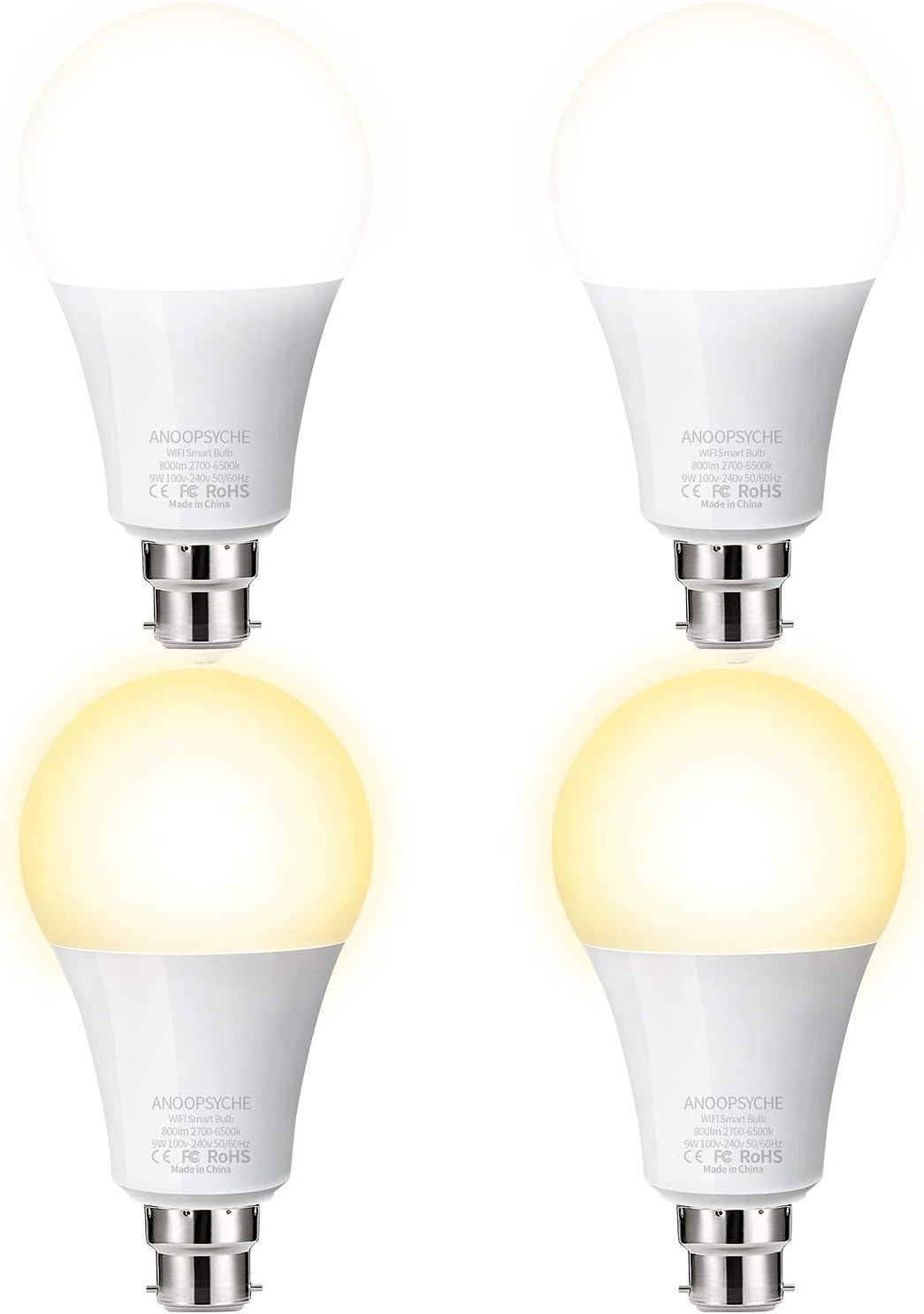 WiFi Smart Bulb ANOOPSYCHE Alexa Light Bulbs No Hub Requried, B22 Bayonet LED Bulb Compatible with Alexa Google Home IFTTT, Dimmable Warm White Light 2700K-6500K,9W,60W Equivalent,800LM (4 Pack) [Energy Class A+]