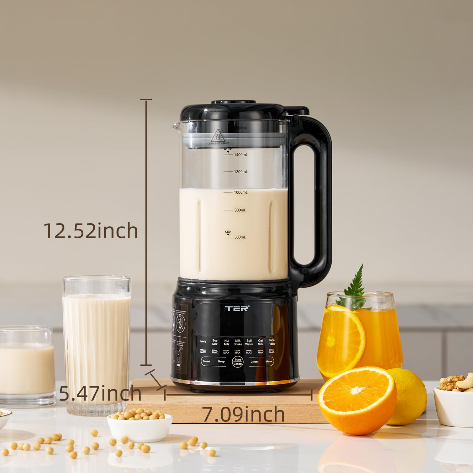 Máquina para hacer leche de nueces de 50 onzas, TER 10 en 1 para hacer leche de soja para almendras/avena/leche de soja, jugo, batido, pasta de arroz, limpieza automática/tiempo preestablecido de 24 horas/12 horas para mantener caliente, con 7 accesorios, negro