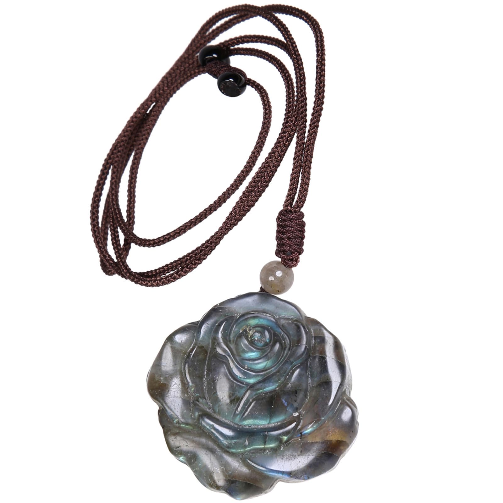 Nupuyai Rose Flower Labradorite Crystal Stone Necklace for Women Men, Natural Carved Stone Pendant with Adjustable Rope