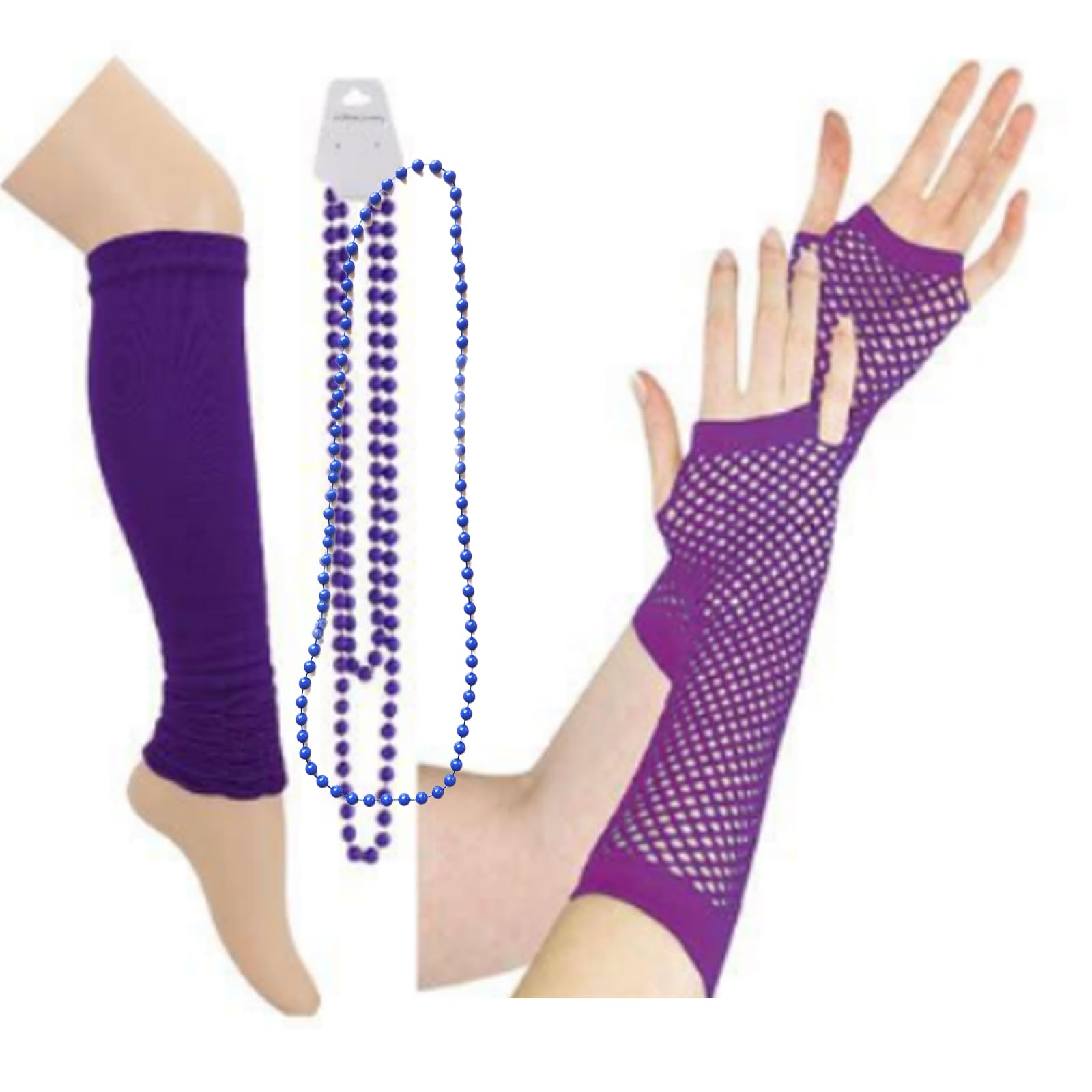 Neon Long Fishnet Gloves Mardi Gras Beads, Neon Long Fishnet Fingless GlovesWarmers and Fishnet Gloves Set,Women's 80s Costume Accessories Set, 1980s Fancy Dress Costume Accessories Purple Party