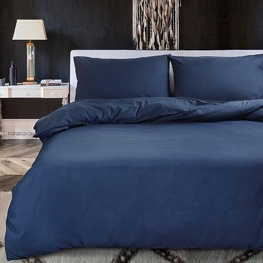 EDILLY 3 Piece Double Duvet Cover Set Dark Blue Duvet Cover Plus 2 Pillow Covers Soft Hotel