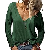 Danedvi Women Fashion Deep V-Neck Long Sleeve Tops Solid Casual Loose Basic T Shirt