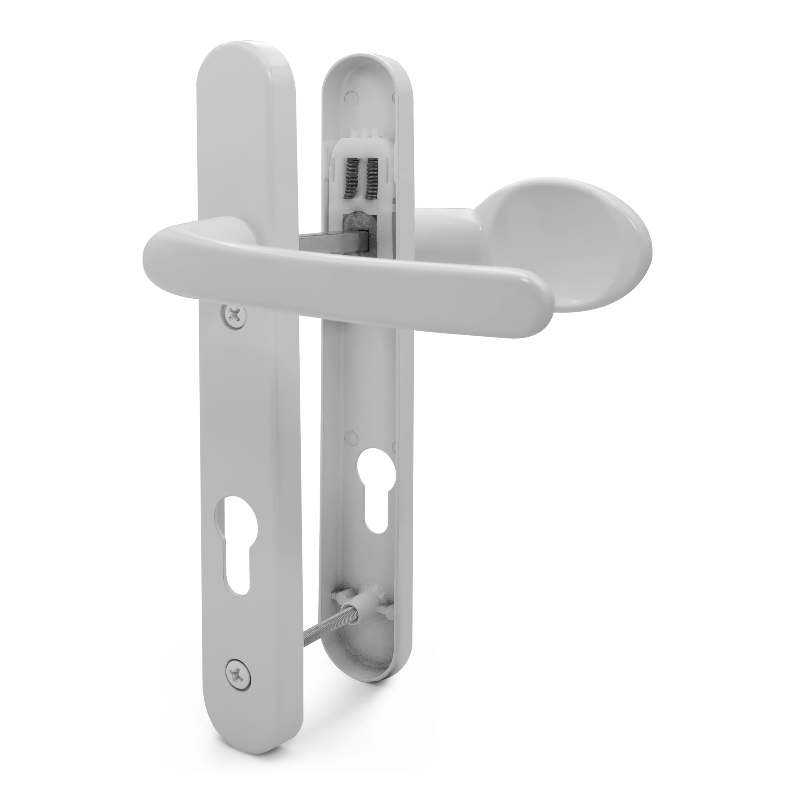 TSS White UPVC Door Handle Pair Set, Sprung, 92mm PZ (Centres), Lever Moveable Pad, 122mm Screw to Screw (Screw centres), Backplate 245mm x 34mm - Replacement PVC Door Handle in White
