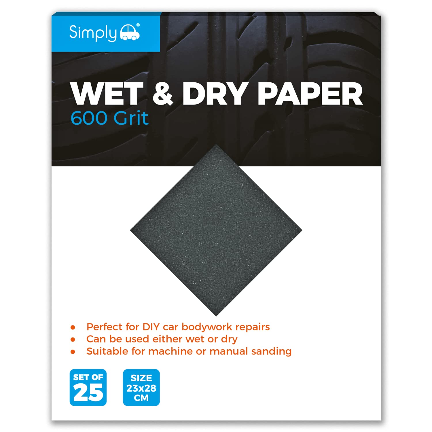Simply WD0600 Wet & Dry Polishing Paper 600 Grit, Pack of 25, 230mm x 280mm, Perfect for DIY Car Bodywork Repairs, Machine, Manual Sanding, Furniture and Home Improvement