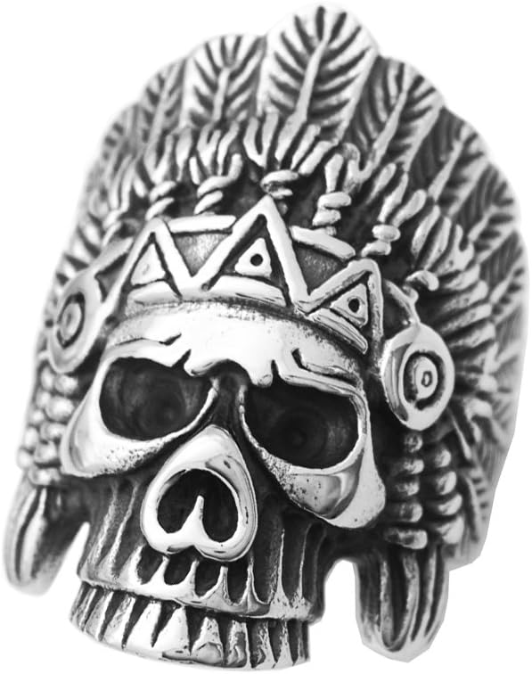 Anillo De Calavera De Jefe Indio De Acero Inoxidable Rock Tallado Biker Men Anillo US7-US13 - Plata, US 11