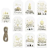 FAZHBARY 100 PCS White Gold Christmas Gift Tags with Jute Twine Hanging Paper Gift Tags for DIY Bag Tags Wrapping Decoration