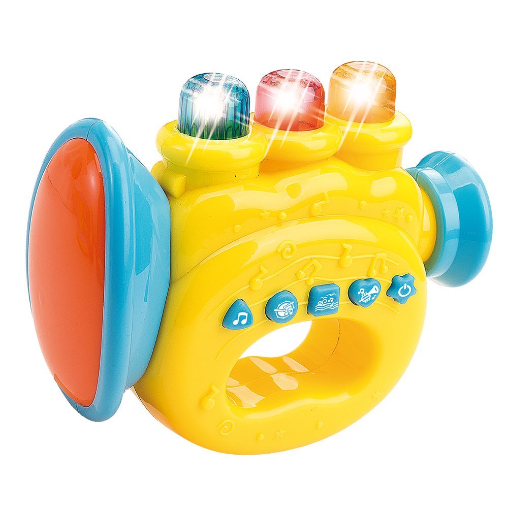 WEofferwhatYOUwant Baby Trumpet – Musical Toy with LED Lights, Classic Songs, Ocean & Drum Sounds | Interactive Wind Instrument for Babies 9+ Months | Travel Size, Batteries Included, EN71 Certified