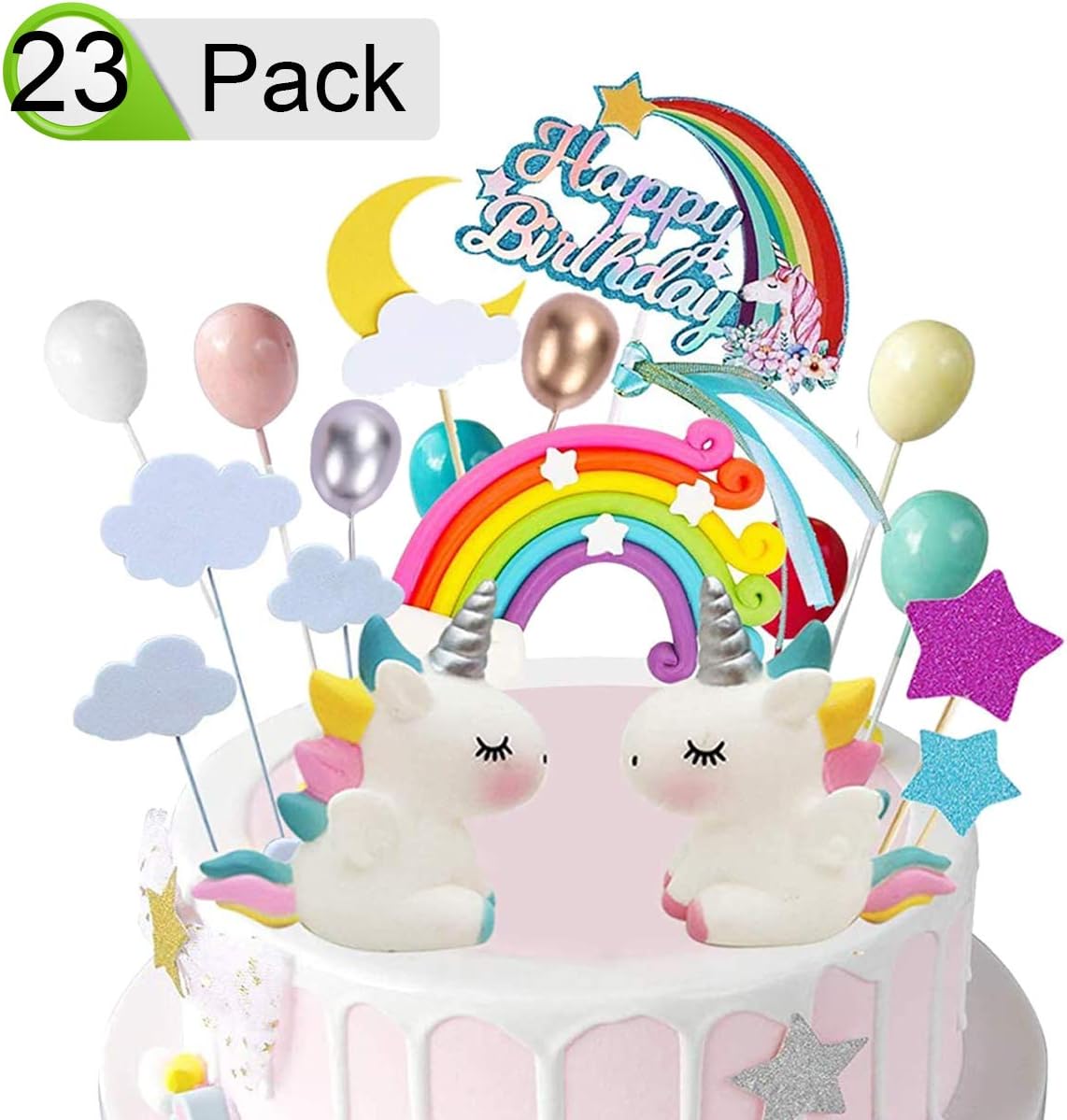 Qaqgear Kit De Decoration De Gateau De Licorne Comprend Arc En Ciel Nuage Lune Etoile Forme Ballon Pour Garcons Filles Enfants Anniversaire Gateau De Fete De Mariage Bebe Douche Decoration 23 Pi E Decorations De