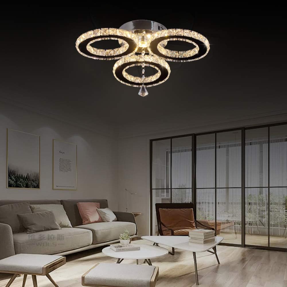 diisunbihuo LED Crystal Pendant Ceiling Light 13x3.5 Inches 3 Rings Crystal Chandelier Flush Mount Lighting Fixture for Bedroom Hobby Living Room (Warm White) - Image 3