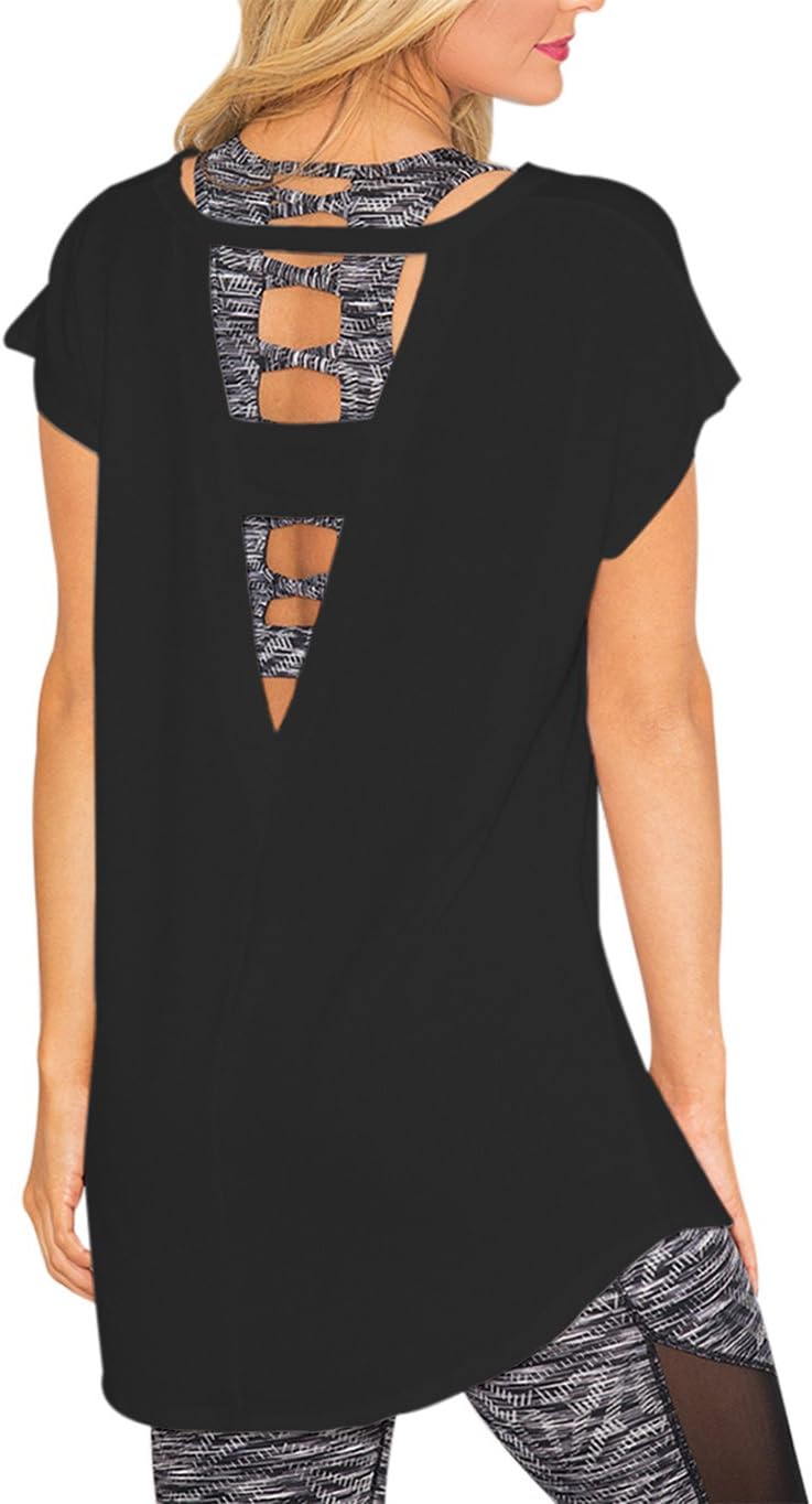 Women's Loose Tops Large V Back Cut Out Blouses Open Strap Workout Casual Shirt