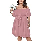 SCOMCHIC Womens Plus Size Cocktail Dress Summer Off Shoulder Short Sleeve Flowy Ruffle A-Line Cute Mini Dress with Belt