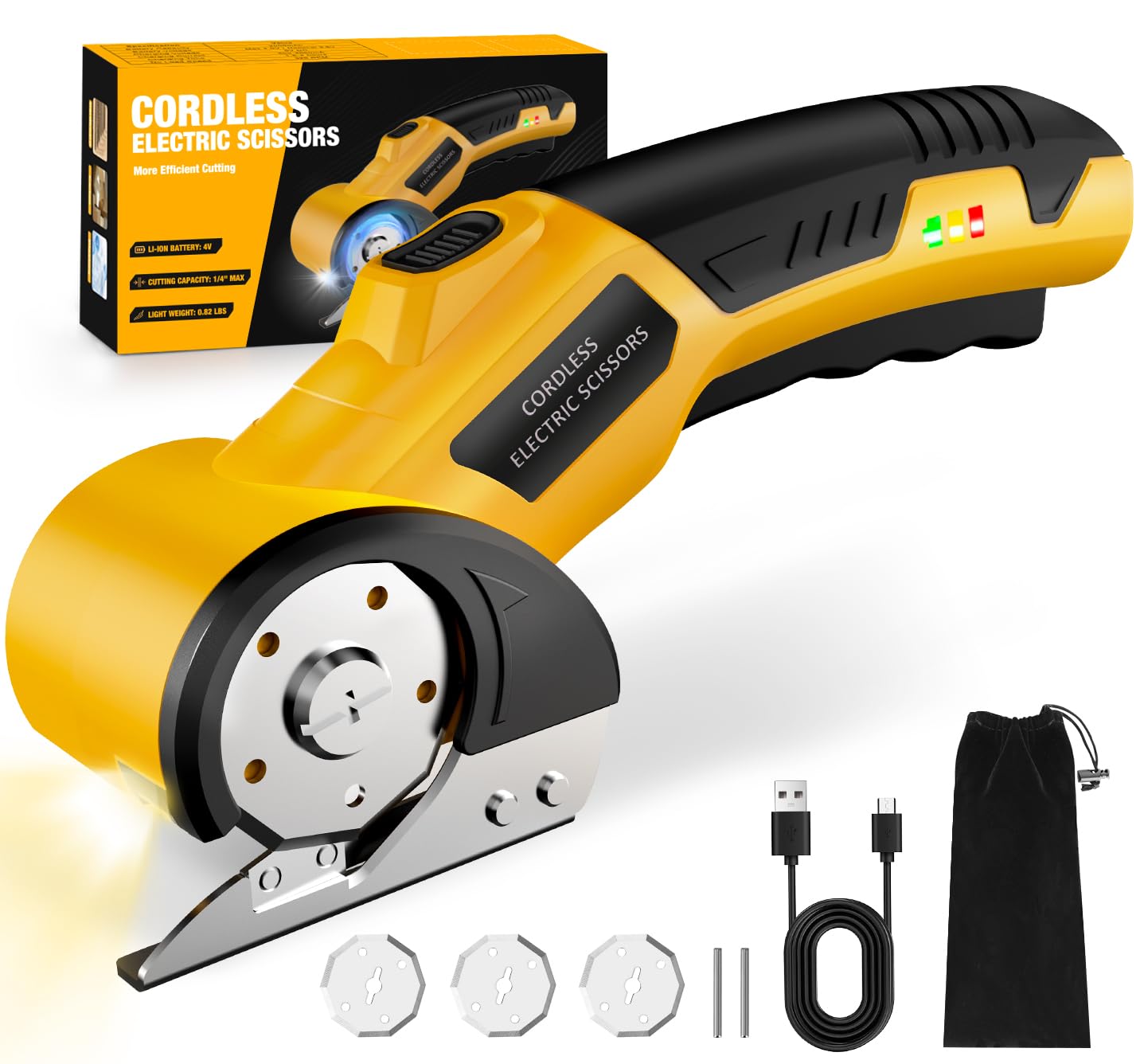 Photo 1 of Zeleki Cordless Electric Scissors: 4V Rechargeable Cardboard Cutter, 3 Blades, Safety Lock & LED Light, Box Cutter for Carton Carpet Plastic Fabric Leather(Yellow?