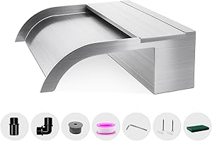 LONGRUNNEW Waterfall Spillway, Stainless Steel Pool Fountain w/Top Open Lip & Pipe Connector Kits for Outdoor/Indoor Decorative, 11.8'' Pool Water Feature for Garden Patio, Backyard Koi Pond Decor