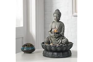 GOSSI 11.2 in Tall Indoor Décor Tabletop Buddha Fountains Desk Water Sitting Buddha Fountain Zen Fountain w/Reflective Lighting/Cobblestone Office and Home Decor