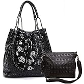 Chikencall® Womens Skull Print Hobo Tote PU Leather Shoulder Bag Punk Handbag and purses 2 sets