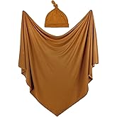 iEvolve Cotton Knitted Baby Swaddle Blanket with Hat Headband Set Newborn Swaddle Wrap Receiving Blankets for Baby Girl Boy 35" x 35"(Ginger)