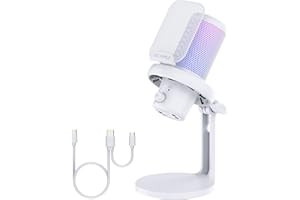 FEELWORLD VM1 White Gaming PC USB Microphone Condenser Mic with Noise Cancellation Mute RGB Light, Computer Accessories Gifts