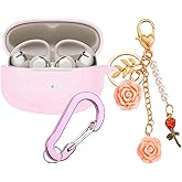 Case for SHOKZ OpenDots ONE Case Cover with Flower Keychain, Cute Soft Silicone Protective Skin Cases for OpenDots ONE E310 Open-Ear Headphones with Carabiner for Women Girl (Pink)