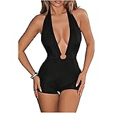 Milumia Women's Sexy Deep V Neck Sleeveless Romper Ring Decro Backless Halter Unitard Jumpsuit Party Outfits