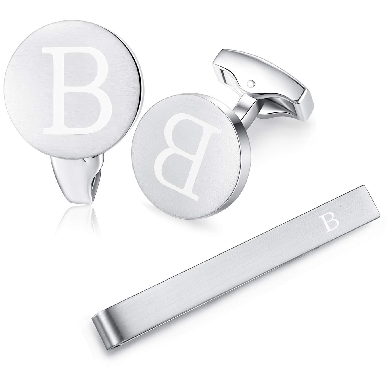 HONEY BEAR Initial Alphabet Letter Cufflinks Tie Clip Set for Mens - Brushed Silver Round Stainless Steel, for Business Wedding Gift,5.4cm (B)