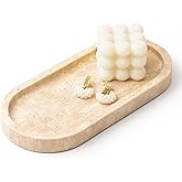 WORHE Italy Natural Travertine Stone Tray for Jewelry, Candles, Perfume, Trinket, Marble Oval Vanity Trays for Bathroom, Dresser, Kitchen, Countertop Storage Organizer for Home Decor Beige (WH028)