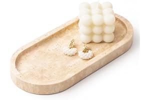 WORHE Italy Natural Travertine Stone Tray for Jewelry, Candles, Perfume, Trinket, Marble Oval Vanity Trays for Bathroom, Dresser, Kitchen, Countertop Storage Organizer for Home Decor Beige (WH028)