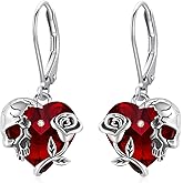 Rose Skull Earrings S925 Sterling Silver Heart Crystal Birthstone Dangle Drop Earrings Hypoallergenic Gothic Skull Leverback JJewelry Gift for Mom Daughter Wife