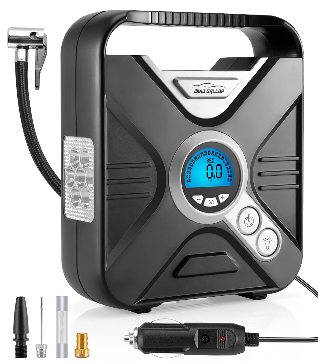 WindGallop Car Tyre Pump Tyre Inflator Air Compressor 12V Electric Car Air Pump for Car Tyres Bike Tyres with Digital Tyre Pressure Gauge and Inflator Valve Adaptors LED Light (Silver)
