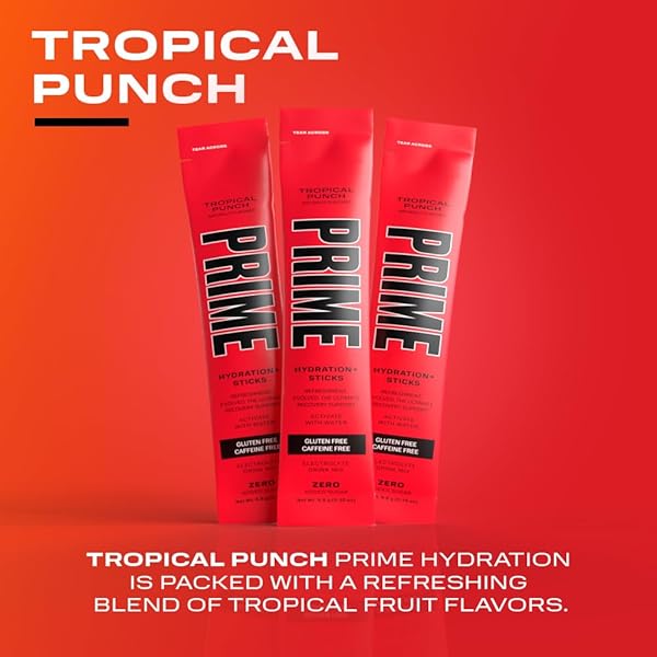 PRIME HYDRATION+ STICKS TROPICAL PUNCH | HYDRATION POWDER SINGLE SERVE STICKS | ELECTROLYTE POWDER ON THE GO | LOW SUGAR | CAFFEINE-FREE | VEGAN | 6 STICKS