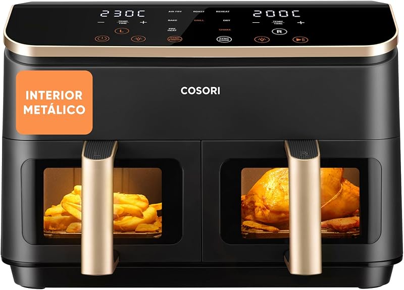 Fritadeira cosori air com cesta dupla fritadeira air 8,5l, capacidade adequada, mais saudável, acabamento sync, 2-4 pessoas, 10 em 1, 35-230 ℃, fácil de usar, rápido e crocante, interior em aço inoxidável, dourado